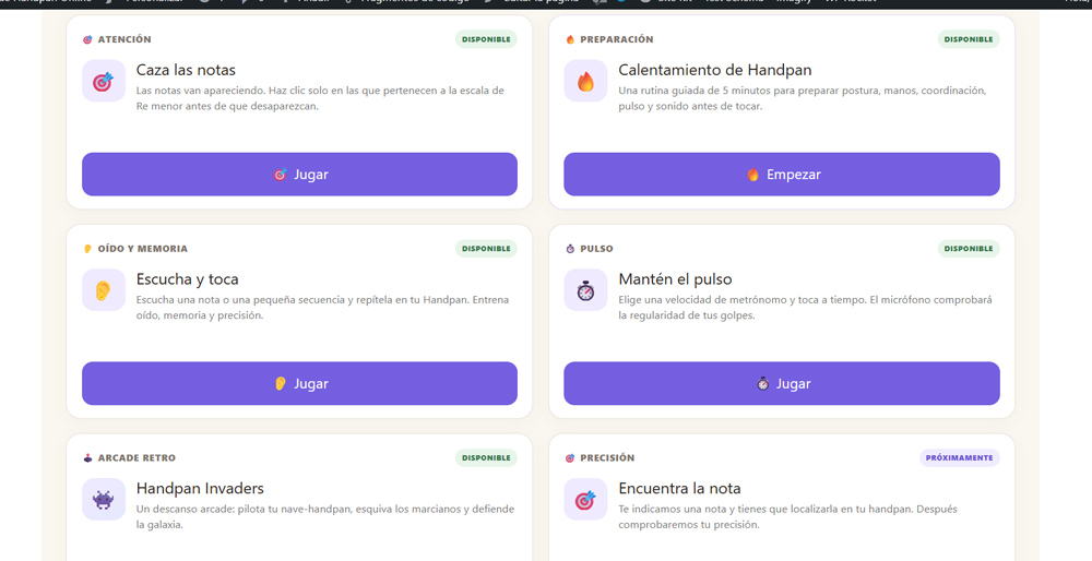 Captura real de los ejercicios interactivos de handpan