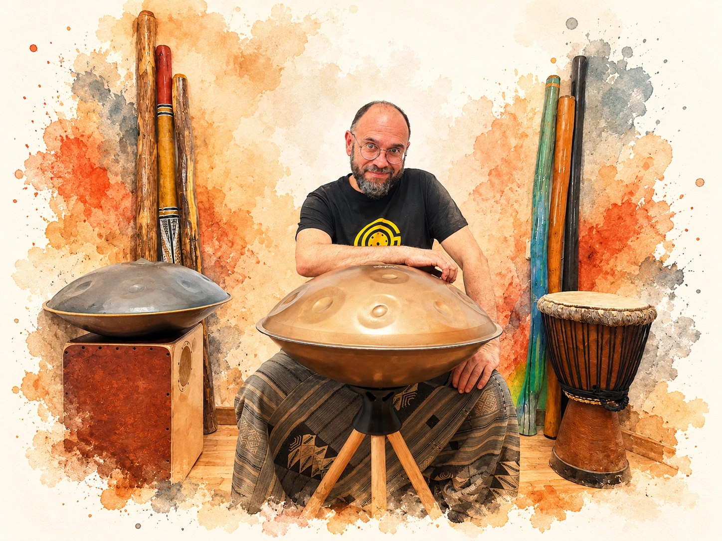 Retrato artístico en acuarela del profesor con el handpan y los instrumentos de la escuela