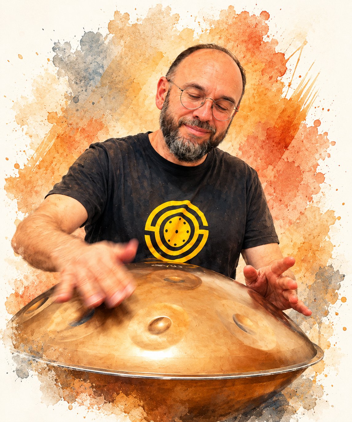 Profesor tocando el handpan, ilustrado con acuarela en tonos cálidos y sin instrumentos de fondo